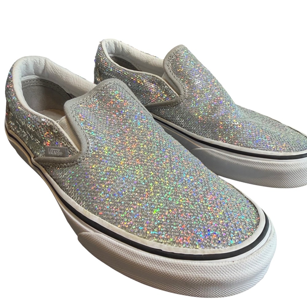 Rare Vans Classic Slip-On Silver‎ Holographic Sequin Sneakers Womens 7